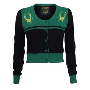WeLoveFine x Marvel Loki Helmet Vintage Crop Sweater Cardigan Sz M Green Cosplay